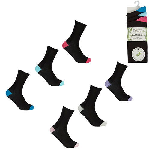 6 Pairs Ladies Bamboo Socks Coloured Heel/Toe Size 4-8