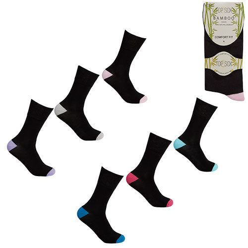 6 Pairs  Ladies Non Elastic Bamboo Socks Coloured Heal/Toe Size 4-8