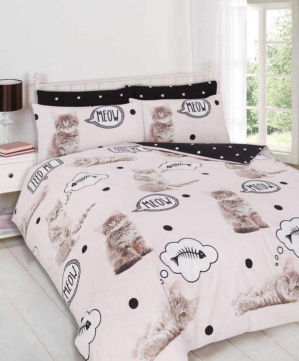 Meow Kitten Design Reversible Cream Duvet Set