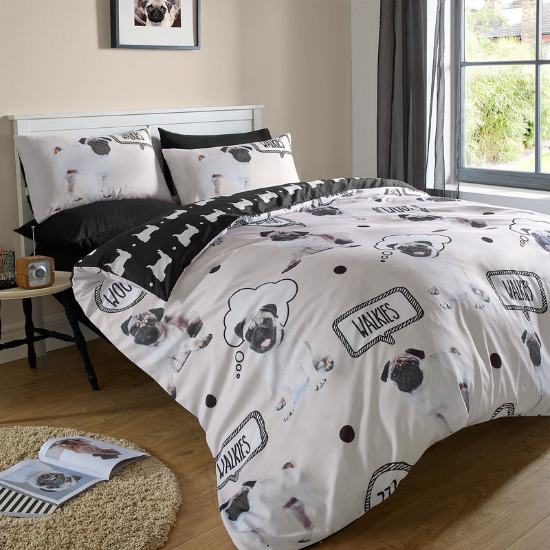 Walkies Pug Design Reversible Cream Duvet Set