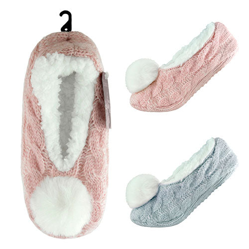 Ladies Chenille Knitted Slipper Socks With Pom Pom Size S - L