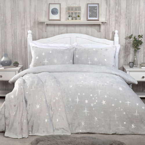 Comfy Scattered Stars Fleece Silver Duvet Cover Set