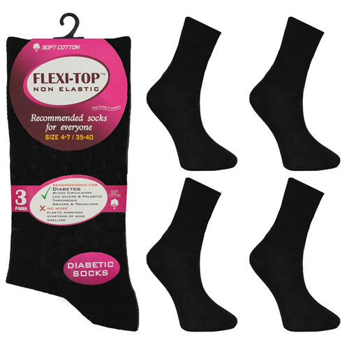 6 Pairs Ladies Flexi-Top Socks Black Size 4-7