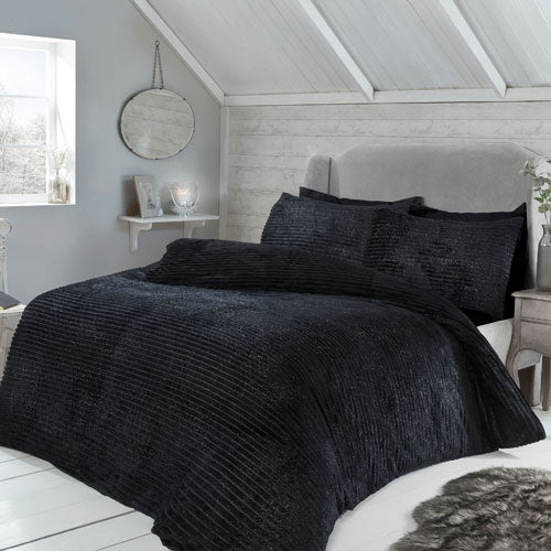 Super Soft Sparkle Ribbed Fleece Black Duvet Cover Set