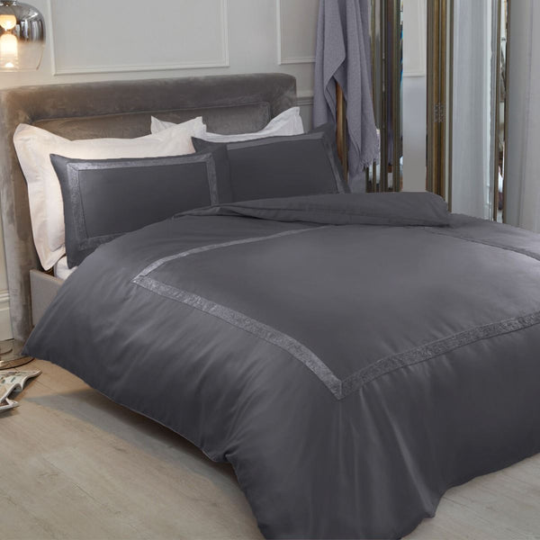 Sienna Crushed Velvet Border Silver Grey Duvet Set