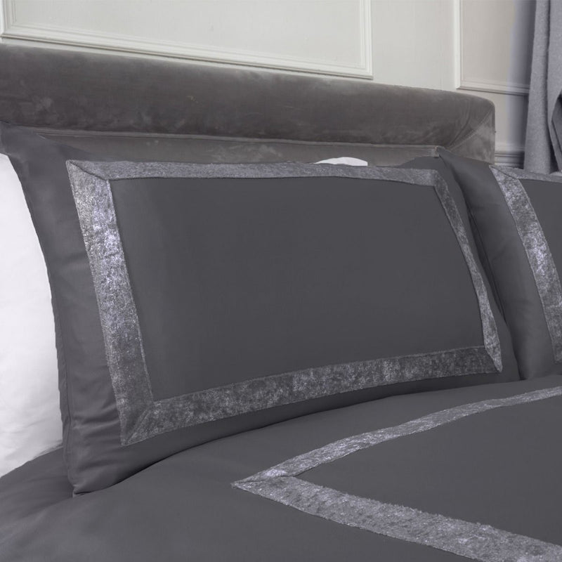 Sienna Crushed Velvet Border Silver Grey Duvet Set