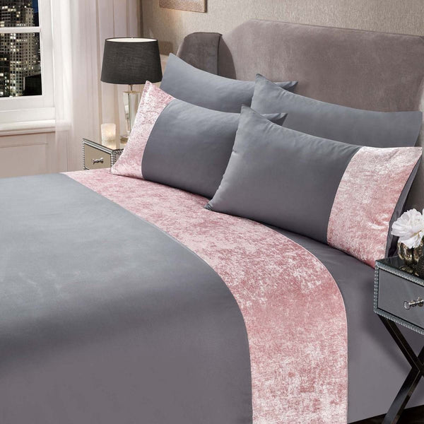 Sienna Crushed Velvet Band Silver Pink Blush Duvet Set