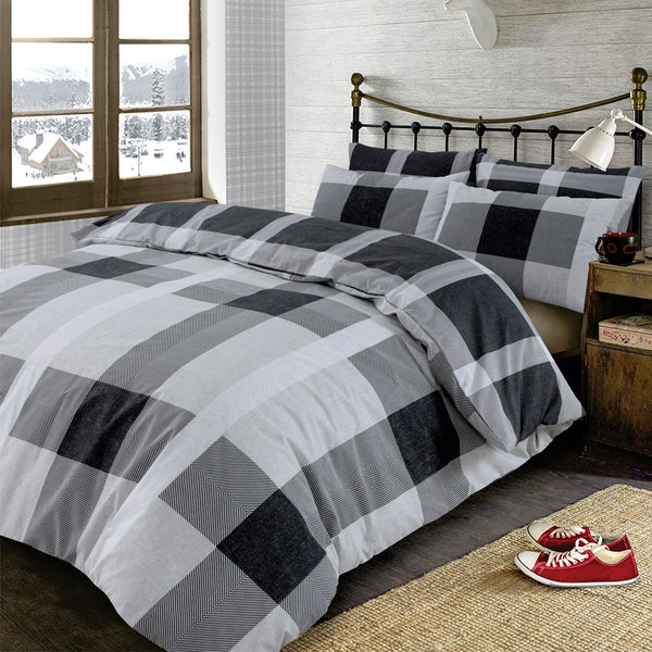 Wide Check Tartan Design Black Grey Duvet Set