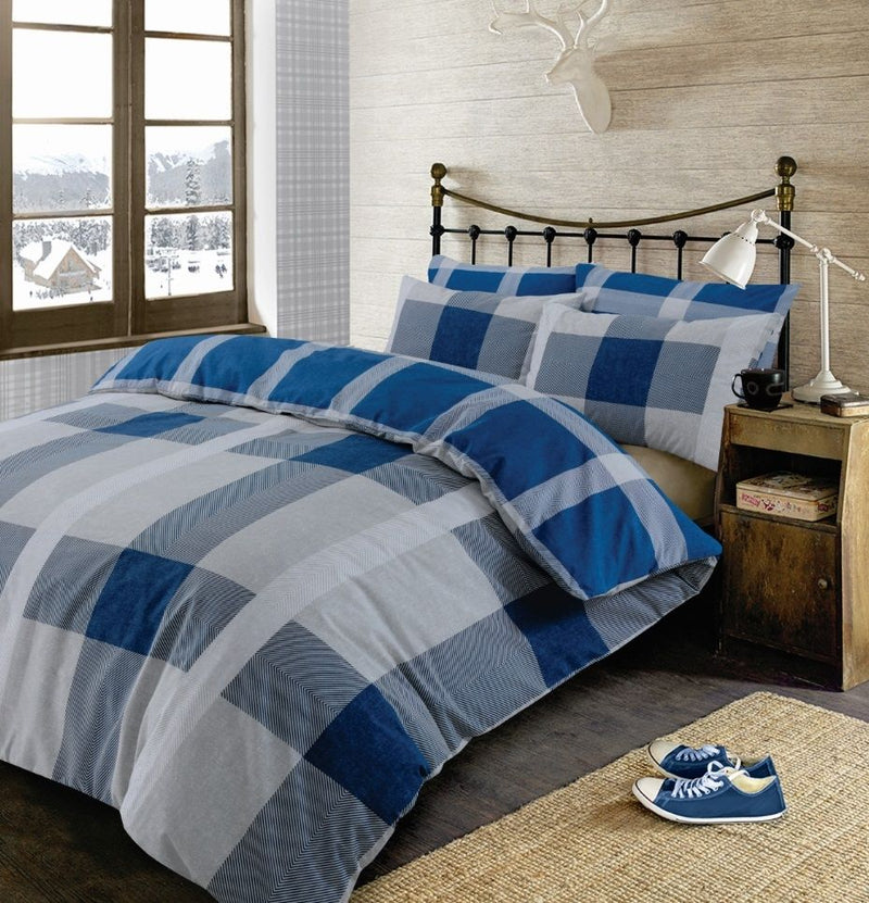 Wide Check Tartan Design Blue Grey Duvet Set