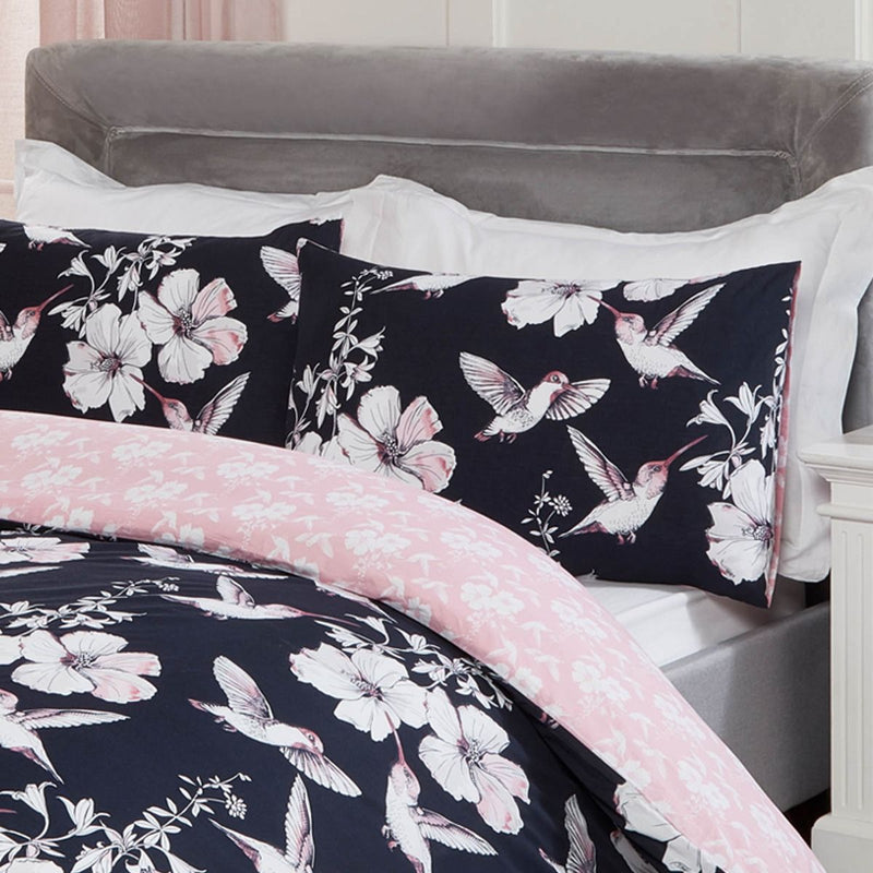 Hummingbirds Design Navy Blush Duvet Set