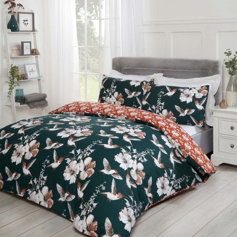 Hummingbirds Design Emerald Orange Duvet Set