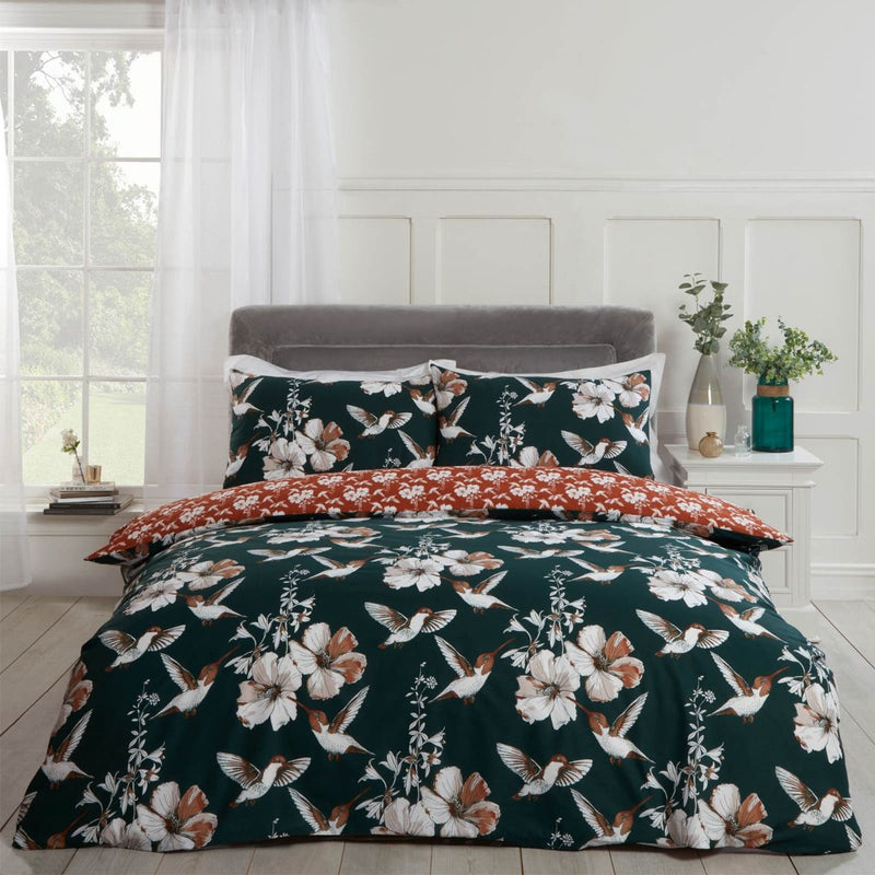 Hummingbirds Design Emerald Orange Duvet Set