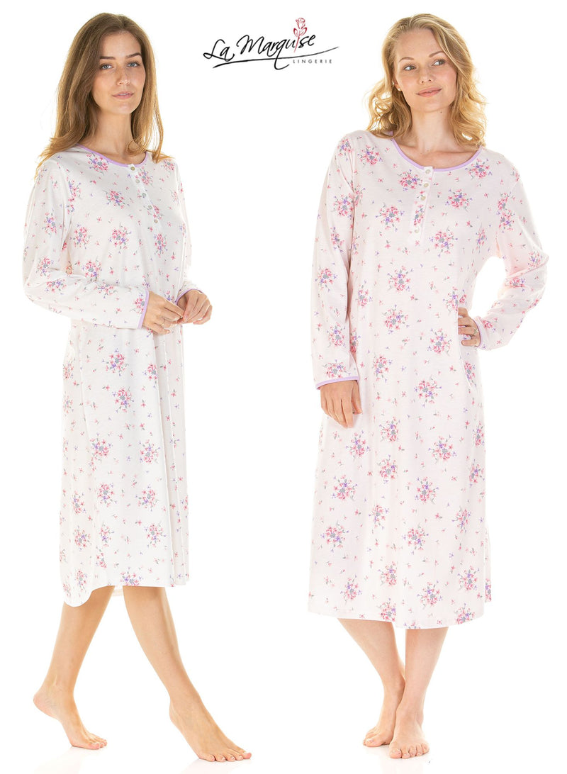 Floral Bouquet Long Sleeve Nightdress By La Marquise Size Small - 2XL