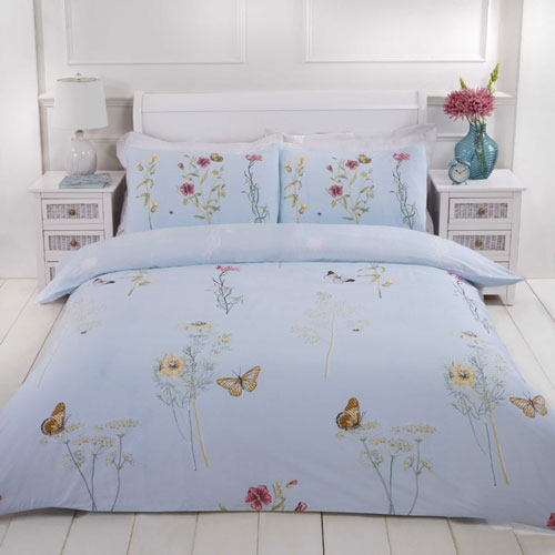 Butterfly Floral Print Light Blue Duvet Cover Set