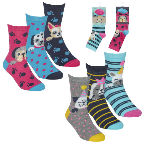 Girls 3 Pack Design Dogs Socks