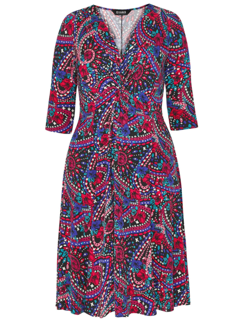 Scarlett & J0 MULTI Paisley Print Jersey Knot Front Dress - Plus Size