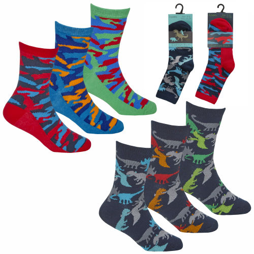 Boys 3 Pack Design Dino - Camo Socks