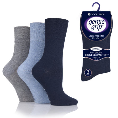 6 Pairs Ladies HoneyComb Top Gentle Grip Socks Blue Grey Size 4-7