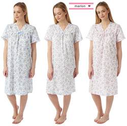 Ladies Poly Cotton Floral Sprig V Neck Nightdresses by Marlon Size 10-30 Plus Size