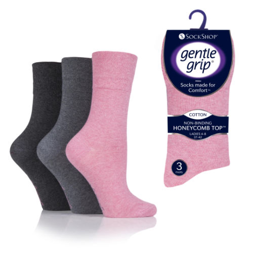 6 Pairs Ladies HoneyComb Top Gentle Grip Socks Pink Grey Size 4-7