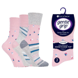 6 Pairs Ladies Gentle Grip Socks Petals Pink/Grey Size 4-8