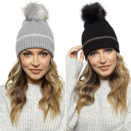 Ladies Silver Stripe Bobble Hat