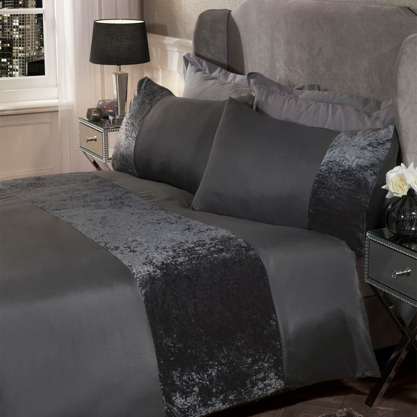 Sienna Crushed Velvet Band Charcoal Grey Duvet Set