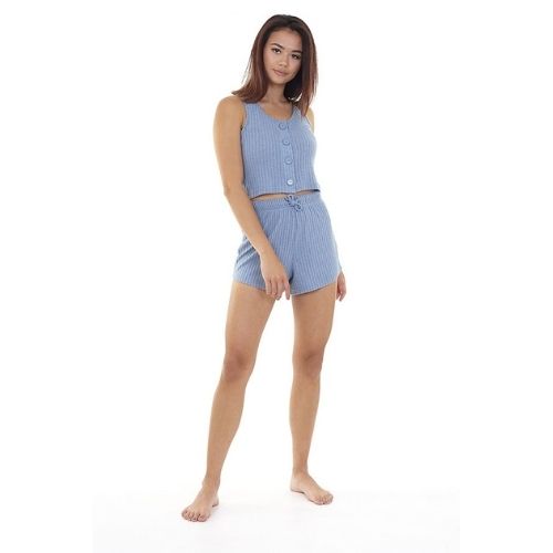 Blue Ribbed Button Up Cropped Lounge Set Size XS - L