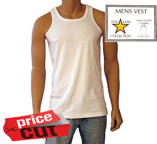 3 6 Packs Mens Interlock White Vests 5 star Size Medium - 2XL