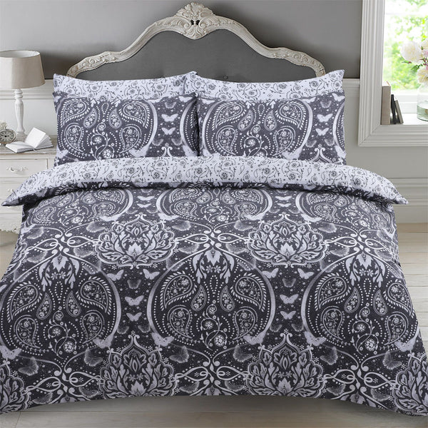 Butterfly Damask Design Black Duvet Set