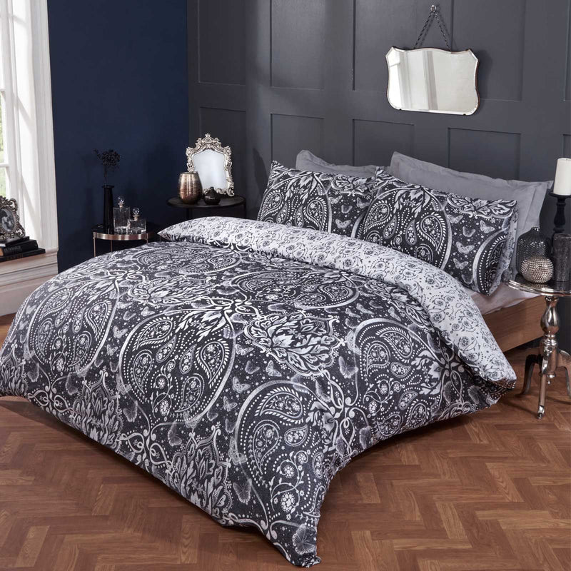 Butterfly Damask Design Black Duvet Set