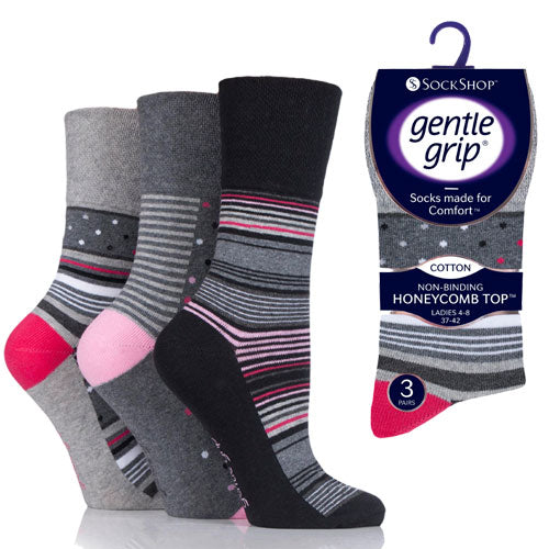 6 Pairs Ladies Gentle Grip Socks Dots/Stripes Size 4-8