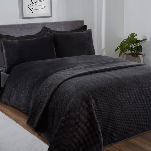 Luxury Velour Pinsonic Black Bed Throw Size 260 x 240cm