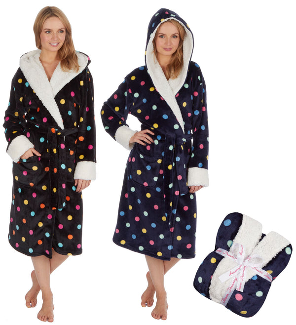 Lades Stripe Hooded Fleece Dressing Gown