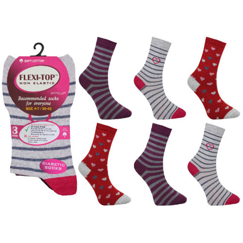 6 Pairs Ladies Flexi-Top Hearts And Stripes Socks Size 4-7