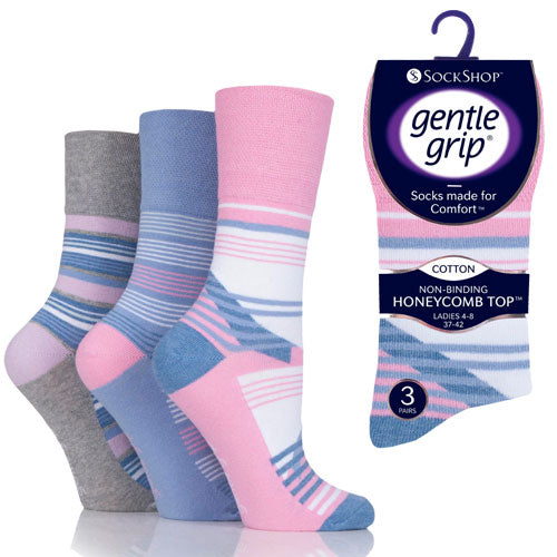 6 Pairs Ladies Gentle Grip Socks Stripe Pattern Size 4-8