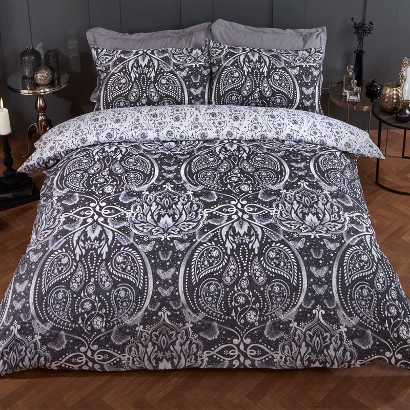 Butterfly Damask Design Black Duvet Set