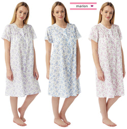 Ladies Poly Cotton Floral Sprig Button Through Short Sleeve Nightdress by Marlon Size 10-30 Plus Size