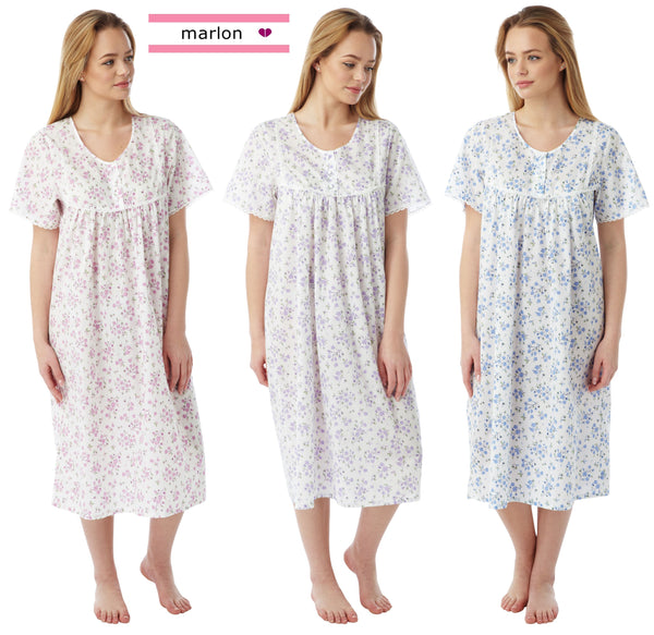 Ladies Poly Cotton Floral Sprig Short Sleeve Nightdresses by Marlon Size 10-30 Plus Size