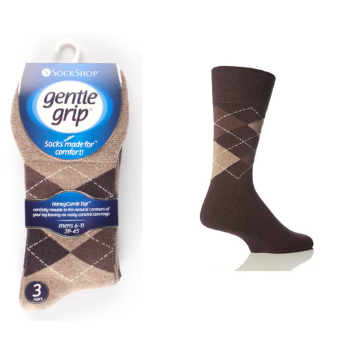 6 Pairs Mens Gentle Grip Socks Argyle Browns Size 6-11