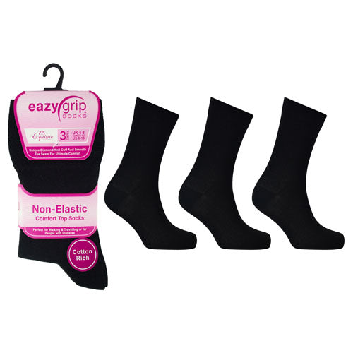 6 Pairs Ladies Eazy Grip Non Elastic Socks Black Size 4-8