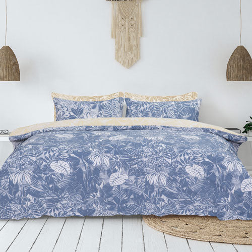 Leaves Design Print Blue Duvet Cover Set