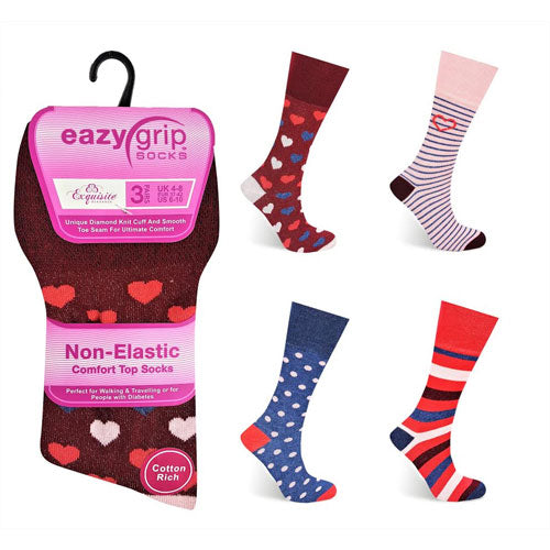 6 Pairs  Ladies Eazy Grip Non Elastic Socks Hearts Spots Size 4-8