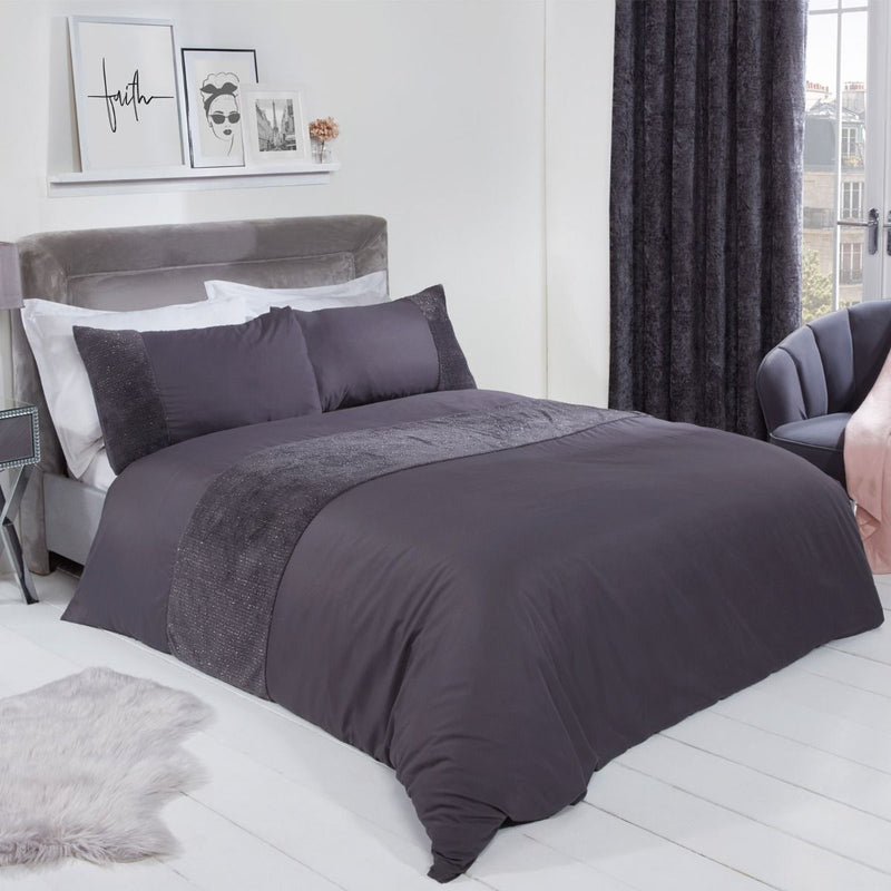 Sienna Glitter Fleece Panel Charcoal Duvet Set