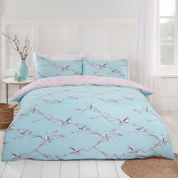 Blossom Bird Design Light Blue Duvet Set