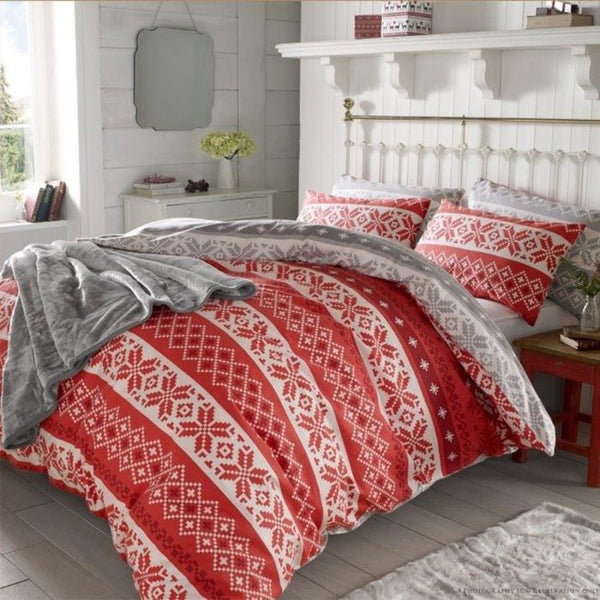 Christmas Nordic 100% Brushed Cotton Thermal Red Double Duvet Set