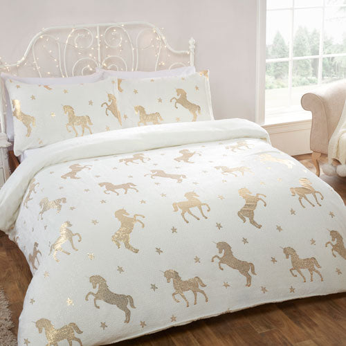 Comfy Fleece Foil Unicorn Print Cream Duvet Cover Set