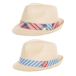 Mens Straw Trilby Hat With Stripe/Check Band