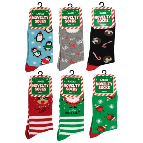 6 Pairs Ladies Novelty Christmas Design Socks Size 4-8