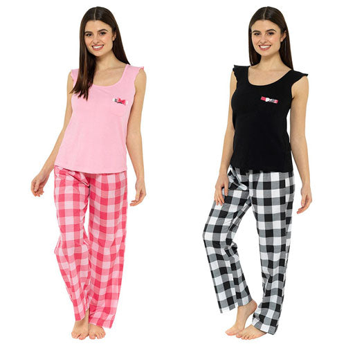 Ladies Ruffle Tie Top With Check Pyjamas Bottom Size 8-22